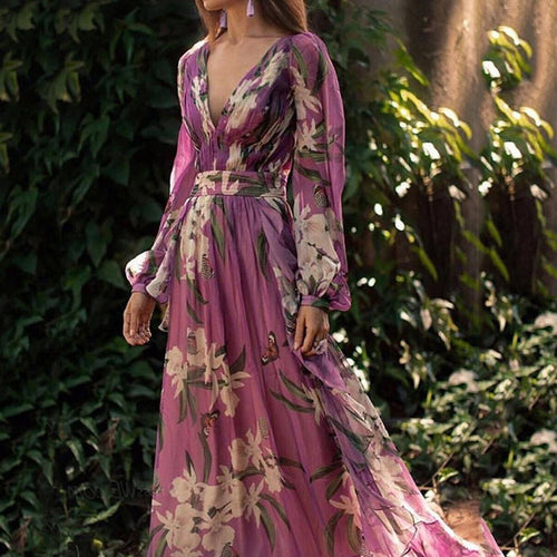 Damen Maxi-Kleid mit floralem Chiffon und elegantem Volant Heidi-Mode