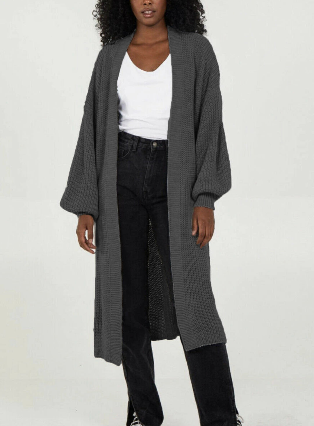 Damen Langer Strickcardigan mit voluminösen Ärmeln und offenem Schnitt Heidi-Mode