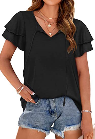Damen lässiges V-Ausschnitt T-Shirt mit verspielten Rüschendetails und verstellbarem Kordelzug Heidi-Mode