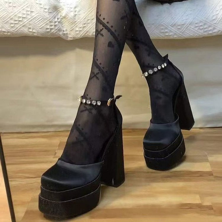 Damen Plateau High Heels mit funkelndem Fesselriemen und robustem Blockabsatz Heidi-Mode