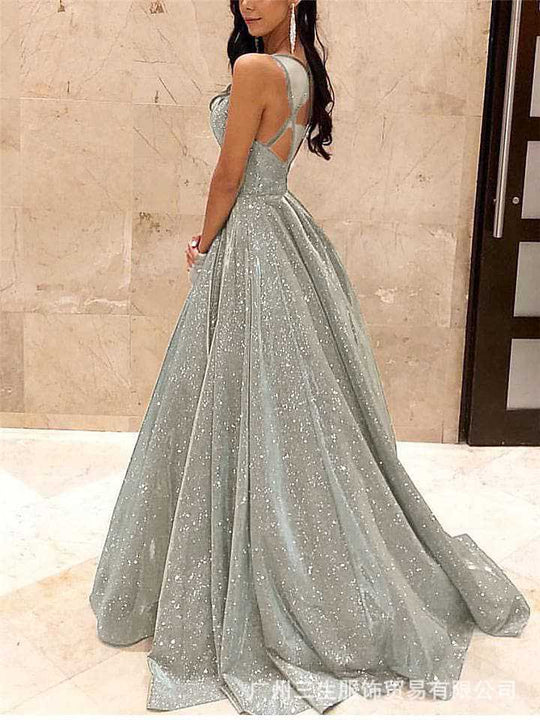 Heidi-Mode | Damen Spaghettiträger V-Ausschnitt A-Linie Glitzer Maxikleid