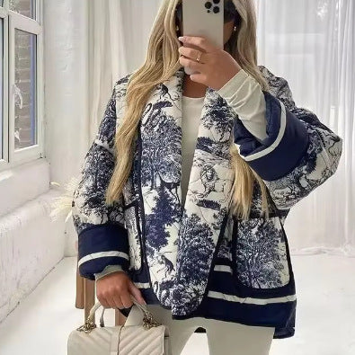 Damen leichte Steppjacke im botanischen Design mit großen Taschen Heidi-Mode