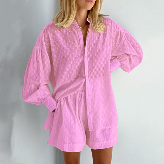 Damen lässiges Hemd-Shorts-Set mit elegantem Webmuster Heidi-Mode