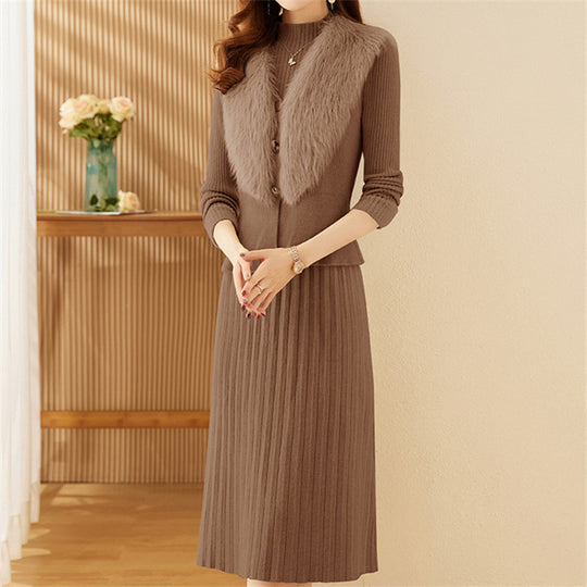 Damen elegantes Strickset mit hochwertigem Fellkragen und modischer Rippstruktur Heidi-Mode