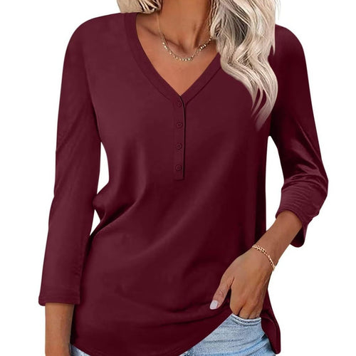 Damen Langarm T-Shirt mit Knopfleiste und V-Ausschnitt Heidi-Mode