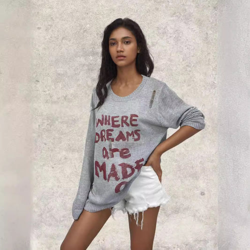 Damen lässiger Oversized Pullover mit auffälligem Schriftzug und Strick-Details Heidi-Mode