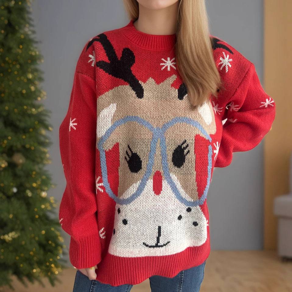 Damen festlicher Pullover mit weihnachtlichem Rentier-Motiv und lockerer Passform Heidi-Mode