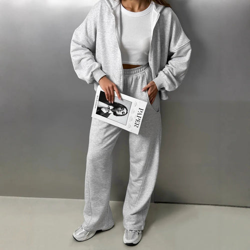 Damen sportlicher Zip-Hoodie- und weite Jogginghose-Set Heidi-Mode