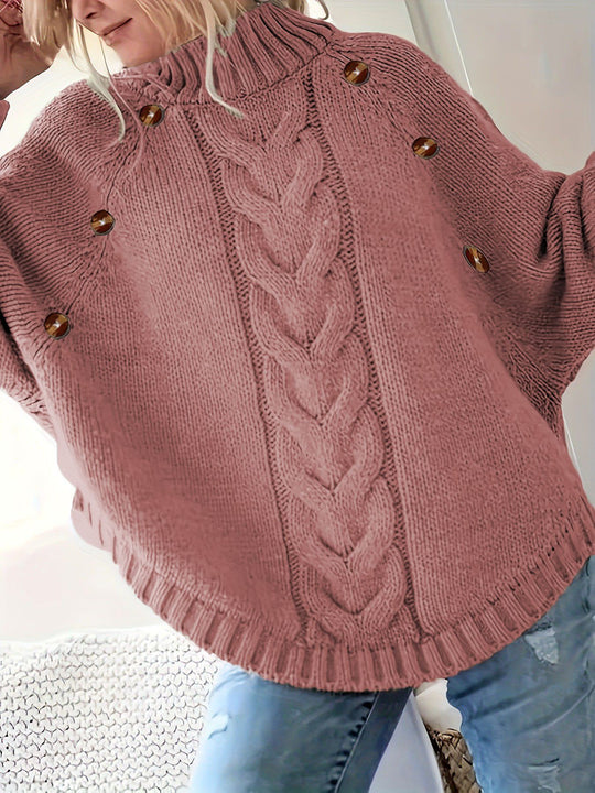 Damen Oversized Strickpullover mit Hochkragen und dekorativen Knopfdetails Heidi-Mode