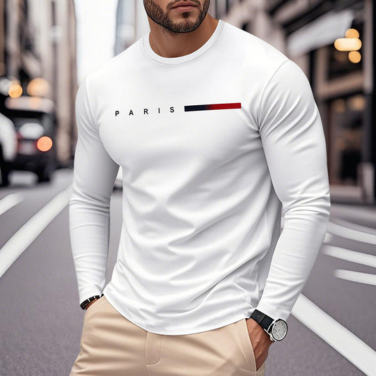 Herren Langarm T-Shirt mit modernem Paris-Druck und elastischem Saum Heidi-Mode