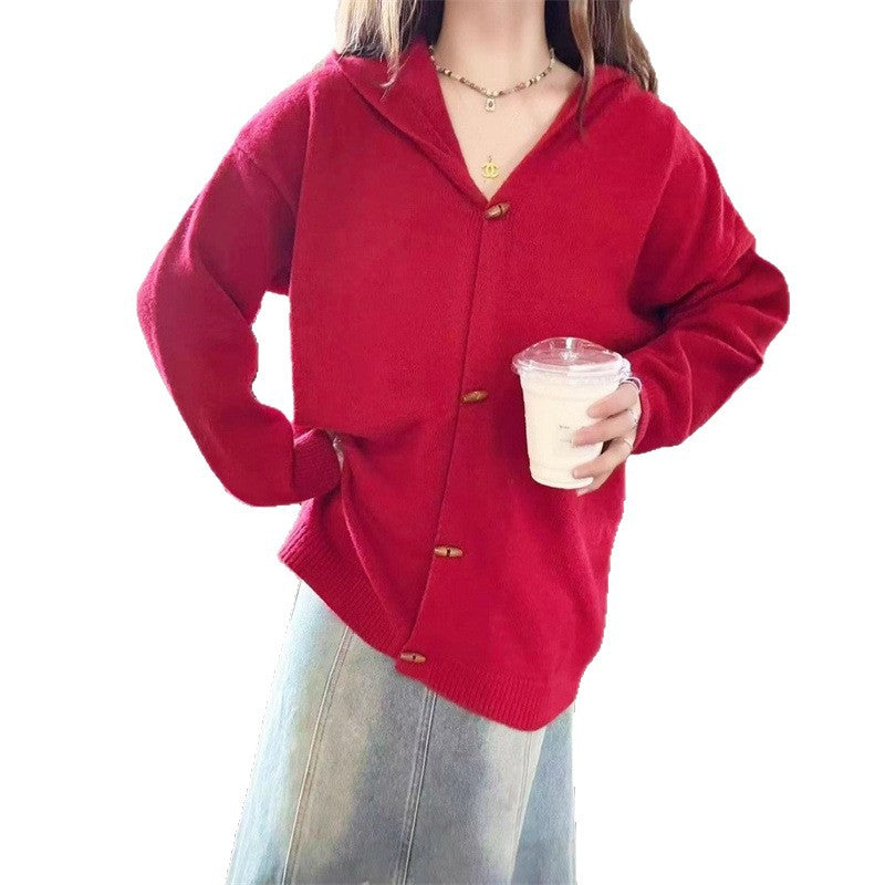 Damen stylische Strickjacke mit Kapuze und dekorativen Knöpfen Heidi-Mode