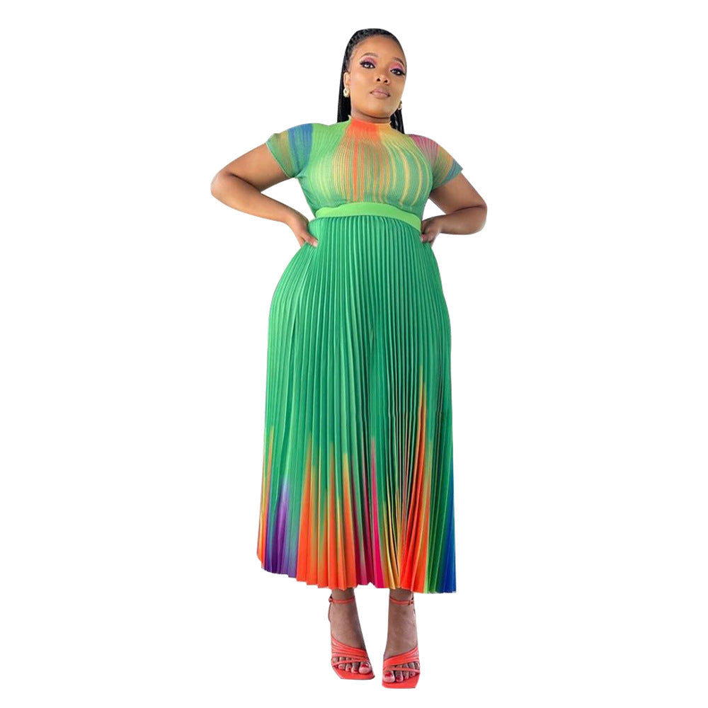 Damen Plissee-Kleid mit hohem Taillenbund und elegantem Farbharmoniedesign Heidi-Mode