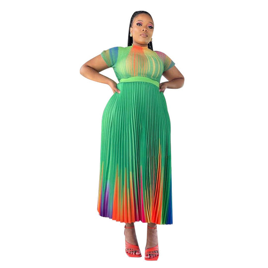 Damen Plissee-Kleid mit hohem Taillenbund und elegantem Farbharmoniedesign Heidi-Mode