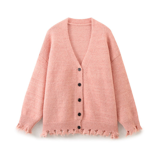 Damen lässige Strickjacke mit fransigem Saum und knöpfbarem Verschluss Heidi-Mode