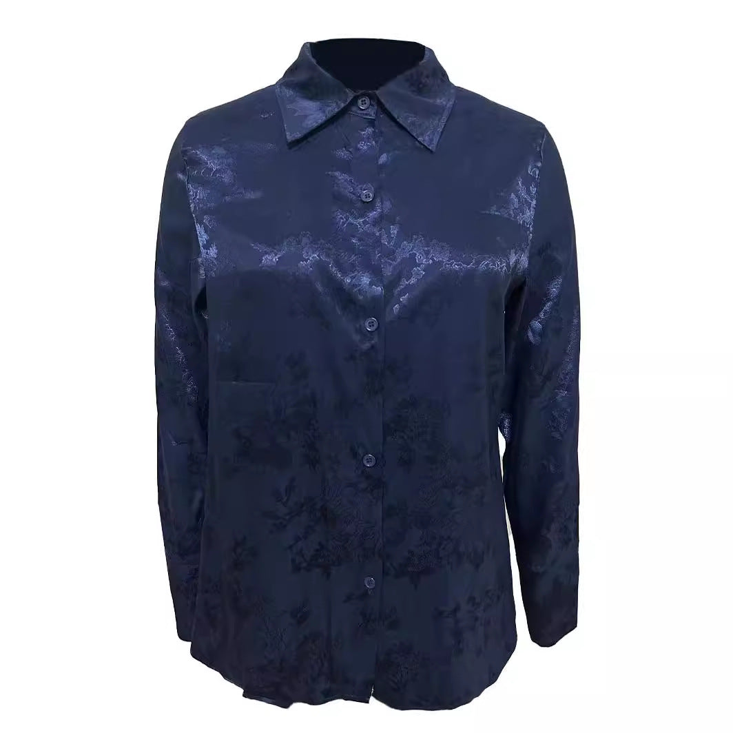 Damen edle Longbluse aus glänzendem Satin mit floralem Muster Heidi-Mode