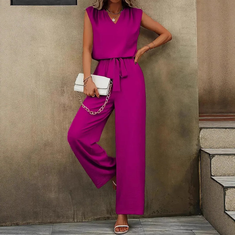 Damen Eleganter Jumpsuit mit V-Ausschnitt und Taillenknoten Heidi-Mode