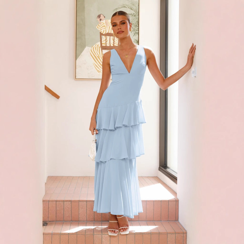 Damen Maxi-Kleid mit eleganten Volants und tiefem V-Ausschnitt Heidi-Mode