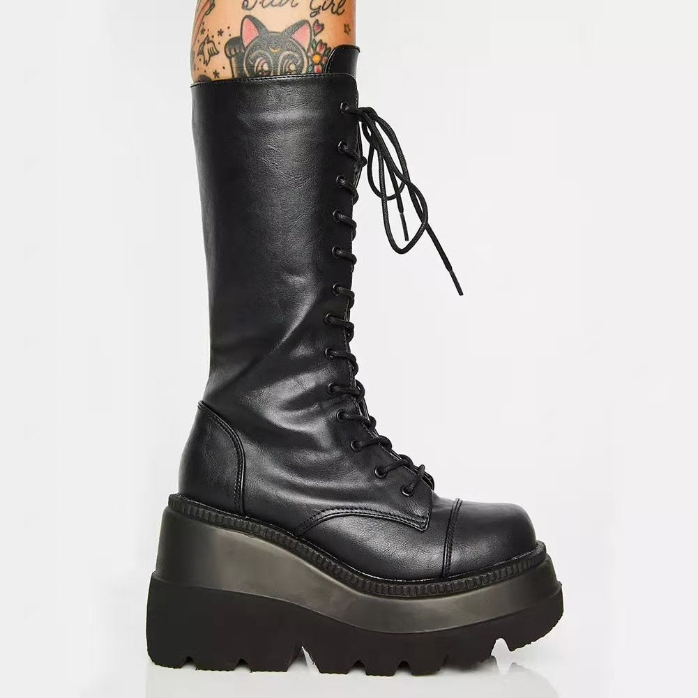 Damen Hochwertige Schnürstiefel mit Plateauabsatz und seitlichem Reißverschluss Heidi-Mode