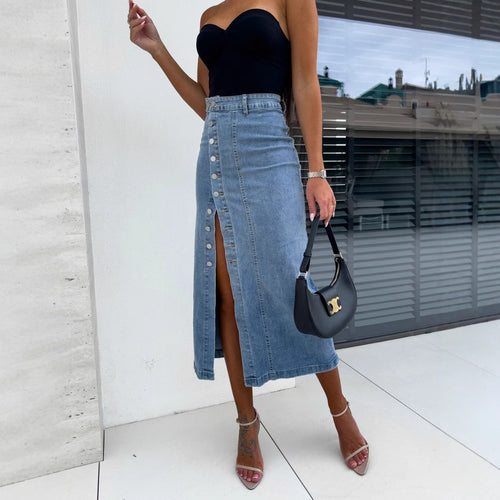 Damen Langer Jeansrock mit seitlichem Schlitz und modischen Knopfdetails Heidi-Mode