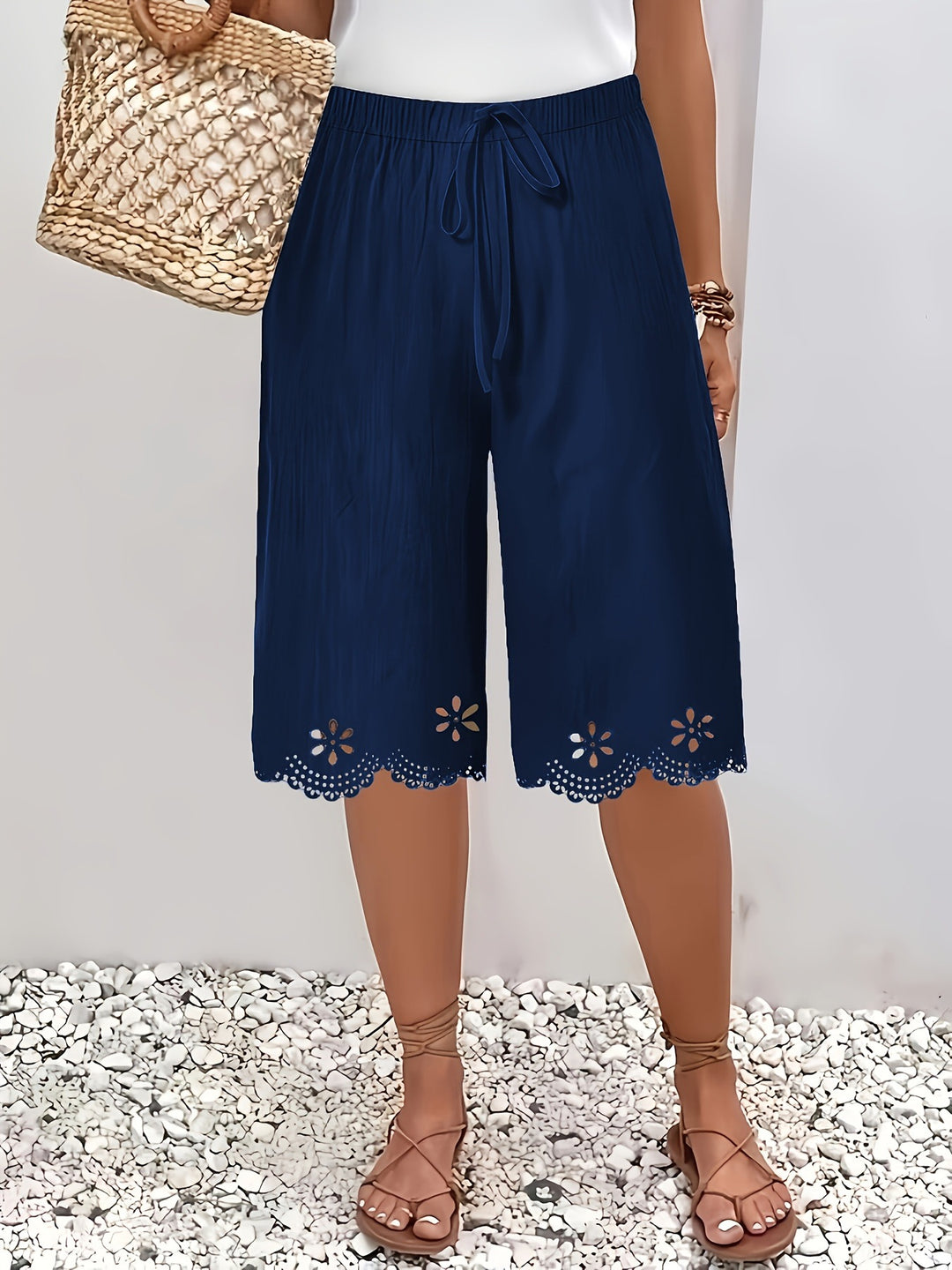 Damen Weite Culotte mit elegantem Lochmuster und elastischem Bund Heidi-Mode