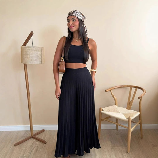 Damen Plissierte weite Hose mit Bindegürtel Heidi-Mode