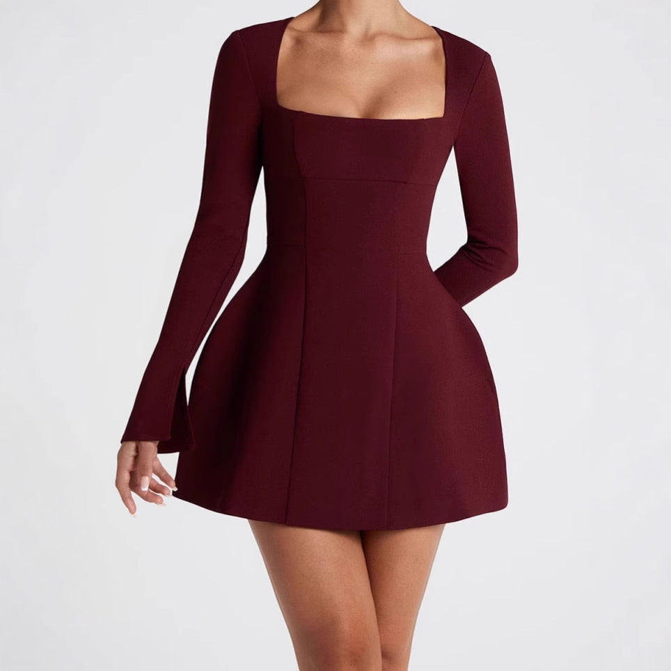 Damen Elegantes Minikleid mit Quadrat-Ausschnitt und ausgestellten Ärmeln Heidi-Mode