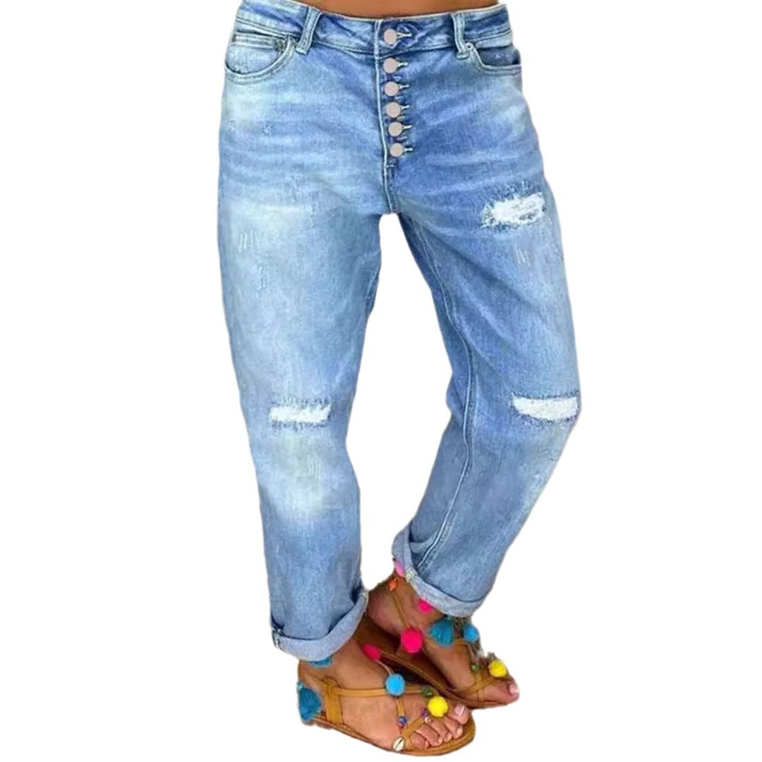 Damen Boyfriend Jeans mit Knopfverschluss und Distressed-Details Heidi-Mode
