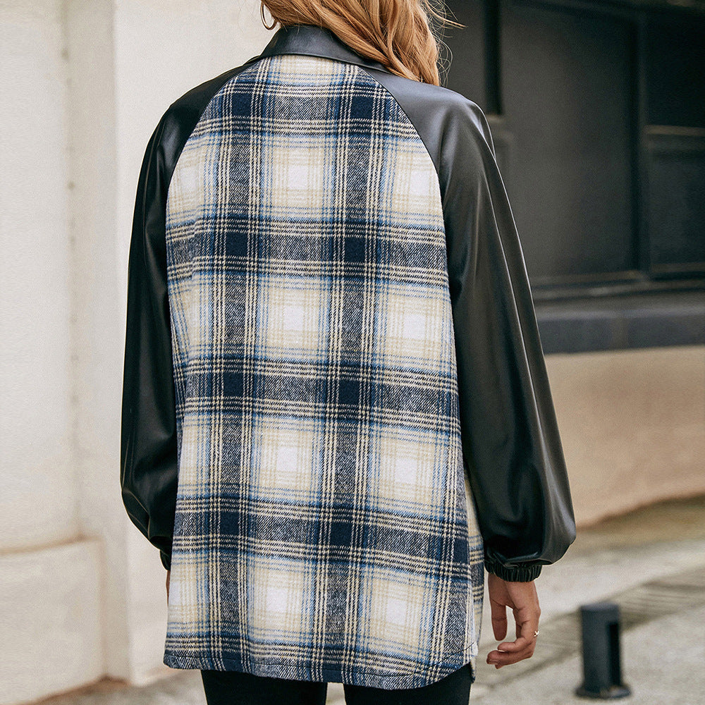 Damen modische Karomuster Jacke mit Lederärmeln Heidi-Mode