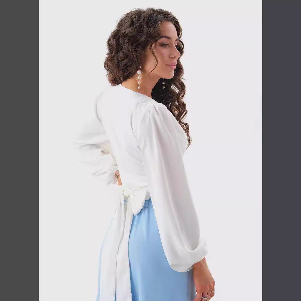 Damen Viskose Wrap-Bluse mit Puffärmel und tiefem V-Ausschnitt Heidi-Mode