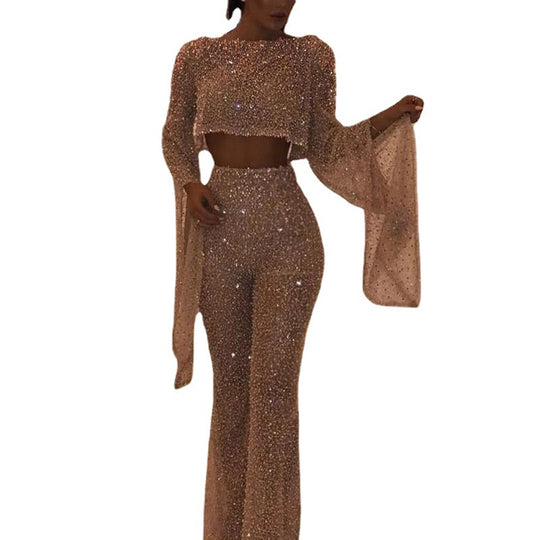 Damen Glitzerndes Zweiteiliges Set mit weitem Bein und langen Ärmeln Heidi-Mode