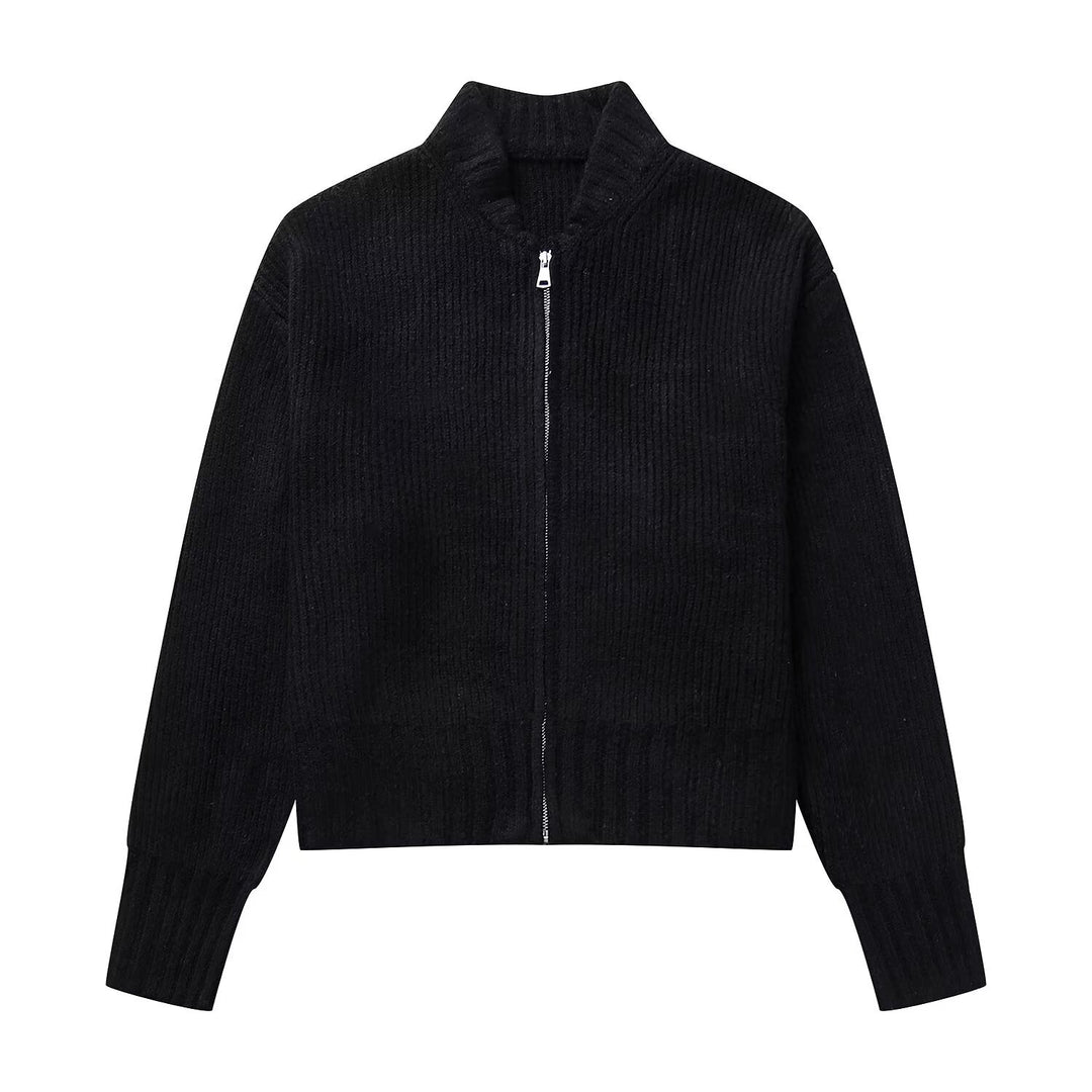 Damen modische Strickjacke mit hohem Kragen und Reißverschluss Heidi-Mode