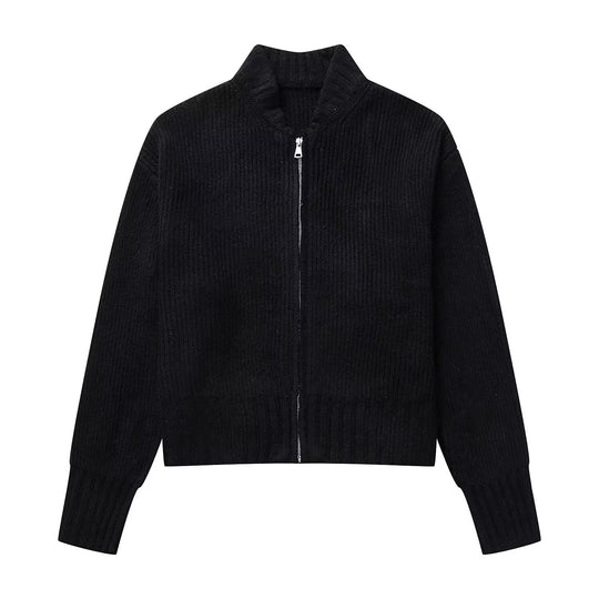 Damen modische Strickjacke mit hohem Kragen und Reißverschluss Heidi-Mode