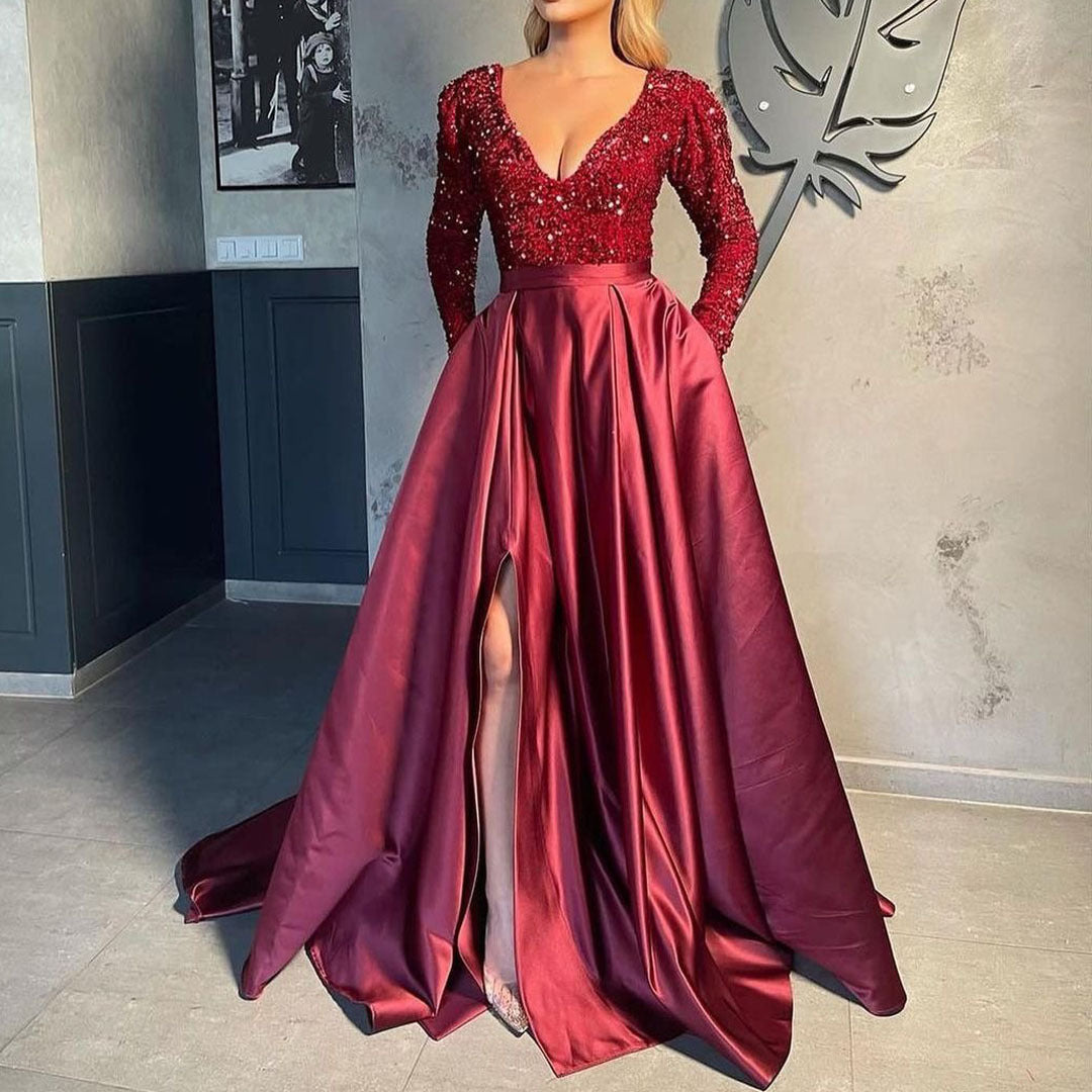 Damen Glamouröses Abendkleid mit tiefem V-Ausschnitt und schimmernden Pailletten Heidi-Mode