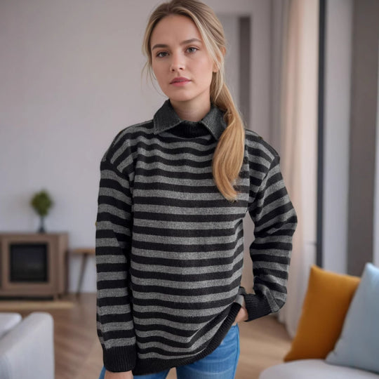 Damen lässiger Pullover mit strukturellem Streifenmuster und modischem Kragen Heidi-Mode