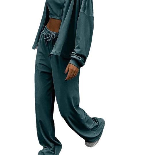 Damen lässiges Sport-Set mit hochtaillierten Hosen und cropped Oberteil Heidi-Mode