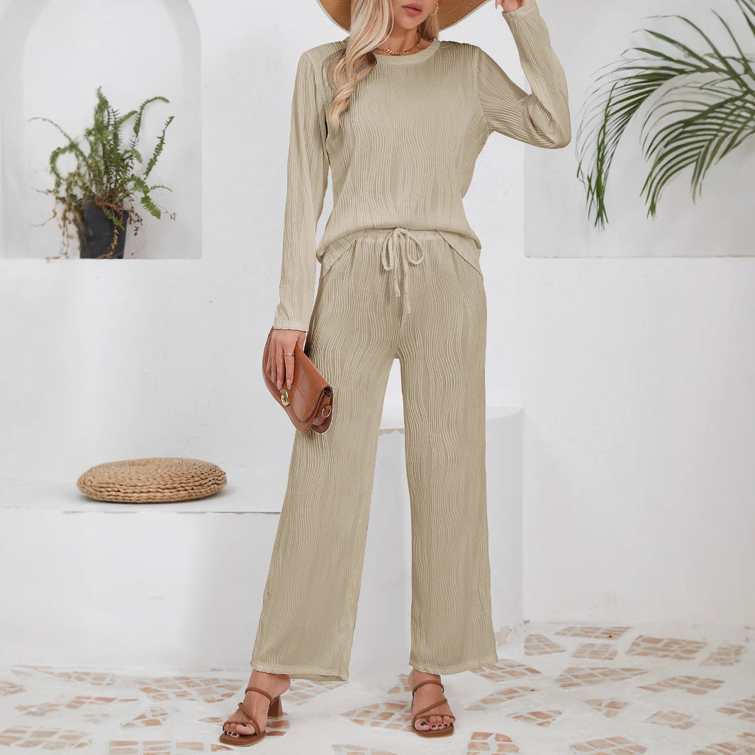 Damen lässiges Jogginganzug mit strukturiertem Material und hohem Bund Heidi-Mode