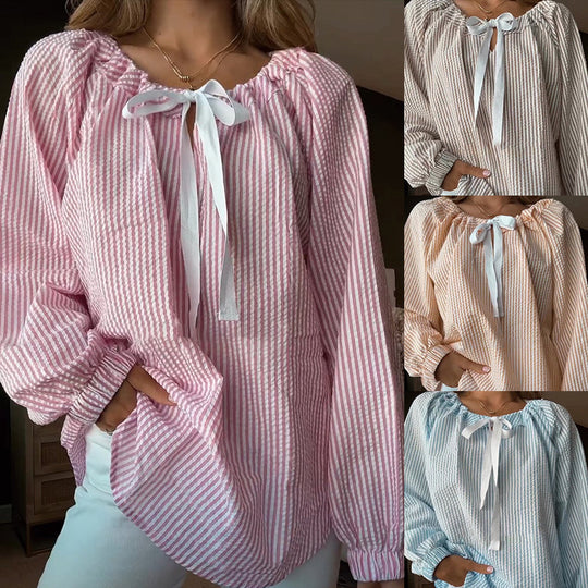 Damen Blusenshirt mit elastischem Puffärmel und dekorativem Bindeband Heidi-Mode