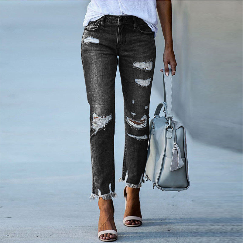 Damen Ripped High-Waist Jeans mit fransigem Saum und modischen Destroyed-Details Heidi-Mode