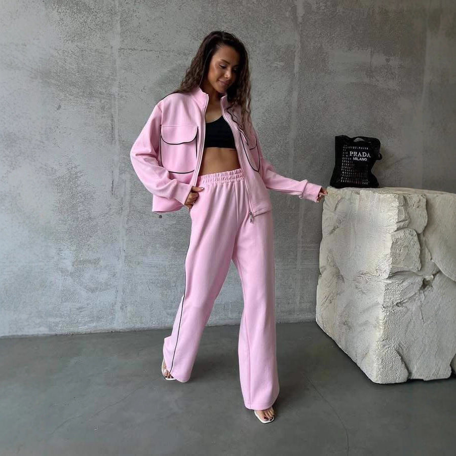Damen lässiges Sport-Loungewear-Set mit praktischen Taschen und hohem Kragen Heidi-Mode
