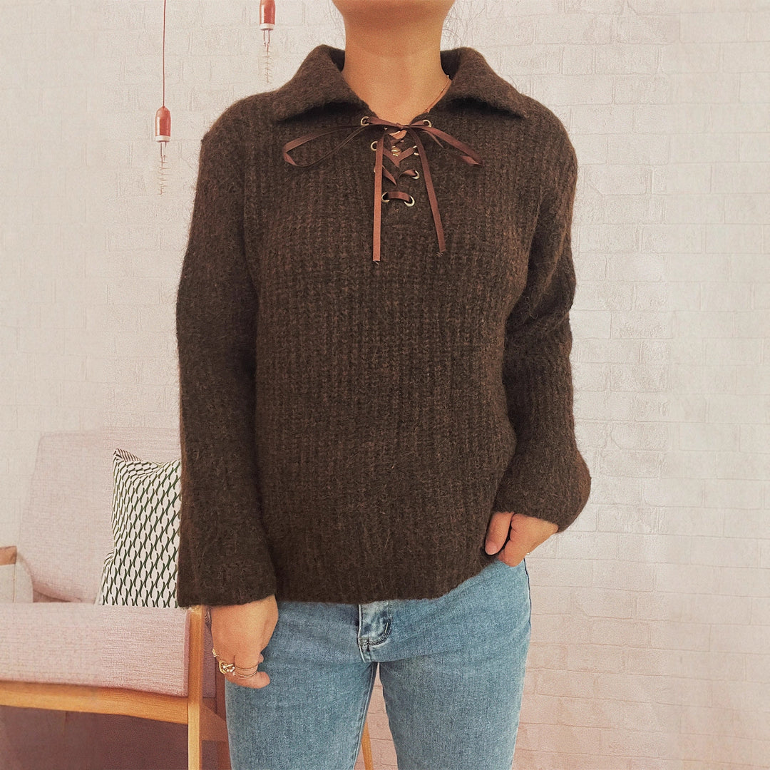 Damen lässiger Strickpullover mit dekorativem Schnürdetail und breiten Ärmel Heidi-Mode
