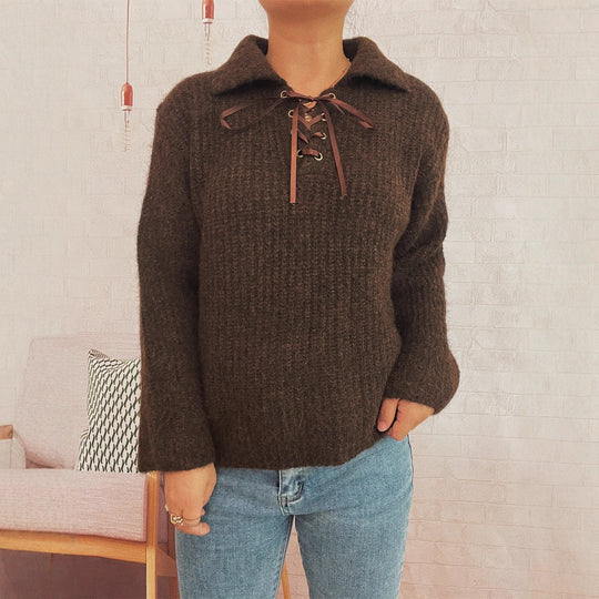 Damen lässiger Strickpullover mit dekorativem Schnürdetail und breiten Ärmel Heidi-Mode