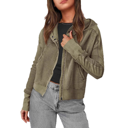 Damen lässige Zip-Jacke mit Kapuze und strukturiertem Design Heidi-Mode