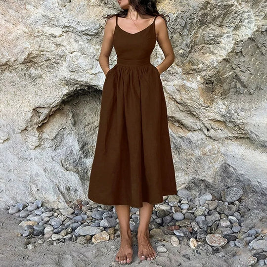 Damen Maxikleid mit schmalen Spaghettiträgern und fließendem Schnitt Heidi-Mode