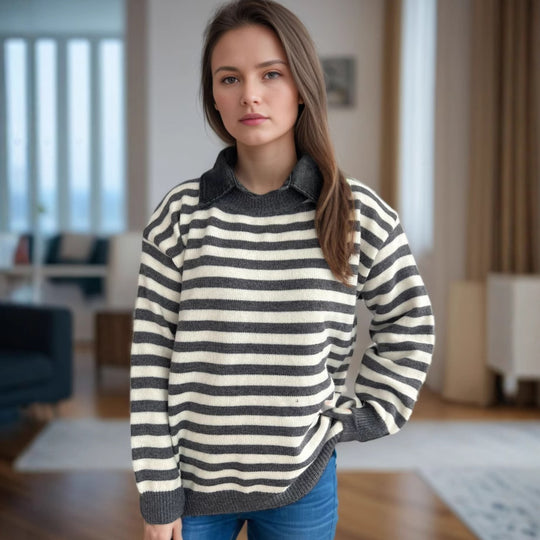 Damen lässiger Pullover mit strukturellem Streifenmuster und modischem Kragen Heidi-Mode
