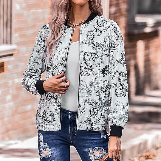 Damen Bomberjacke mit floralen Motiven und elastischen Bündchen Heidi-Mode