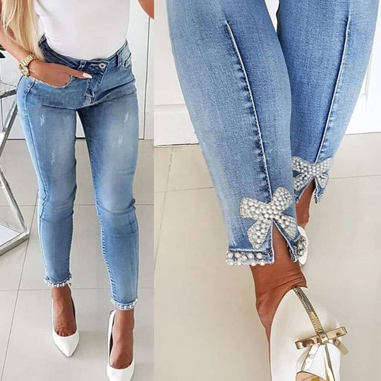 Damen Skinny Jeans mit Perlen- und Schleifendetails Heidi-Mode
