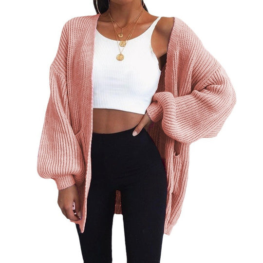 Damen Grobstrick-Cardigan mit weitem Schnitt und lässigen Puffärmeln Heidi-Mode