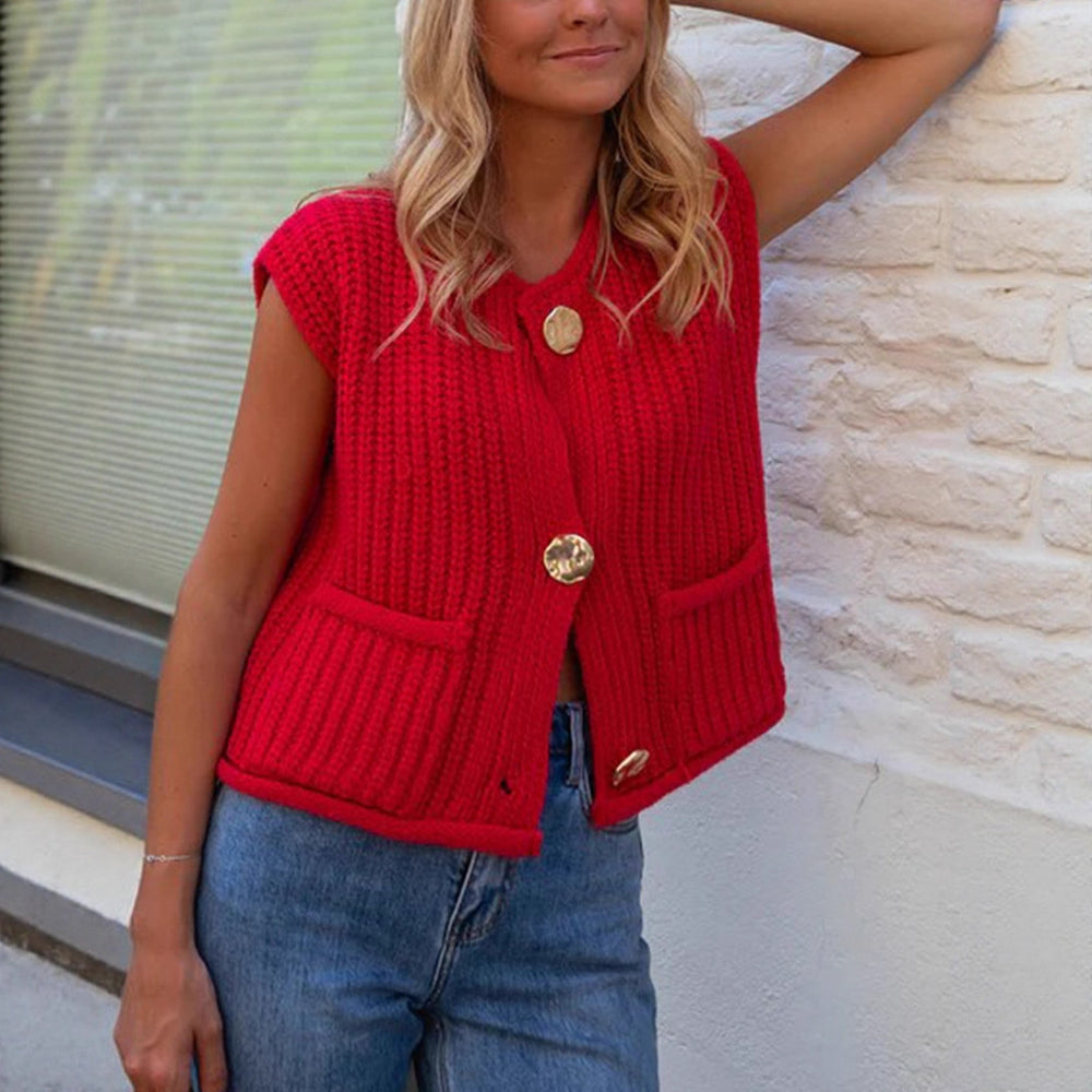 Damen Strickweste mit dekorativen Knöpfen und praktischen Taschen Heidi-Mode