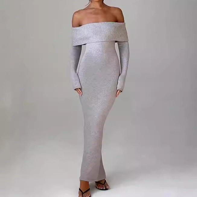 Damen Figurbetontes Off-Shoulder Maxikleid mit langen Ärmeln Heidi-Mode