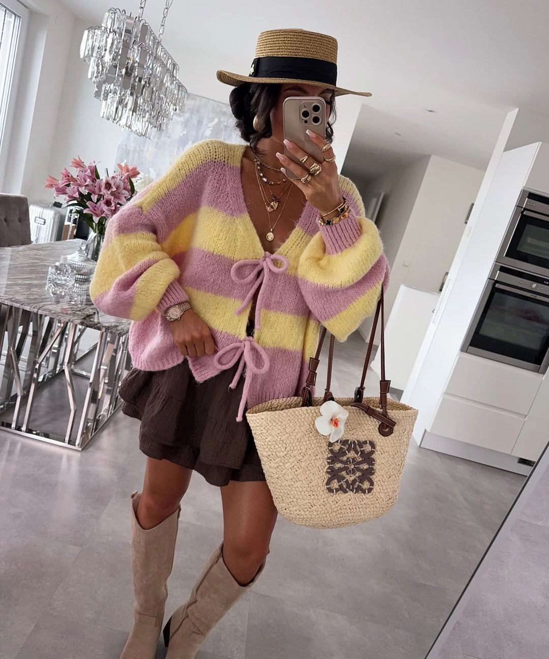 Damen lockere Strickjacke mit breiten Streifen und Bindegürtel Heidi-Mode